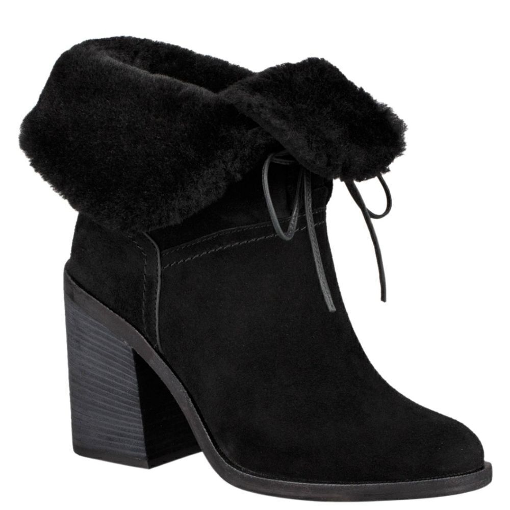 Ugg Australia Jerene Black Suede Leather Shearling Block Heel Ankle Boots Bootie